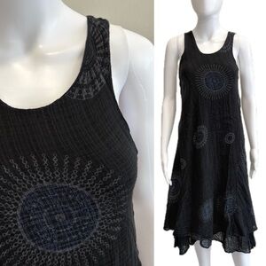 Angela Mara Puckered Gauze Midi Sundress Size Small Black Boho Print Whimsigoth